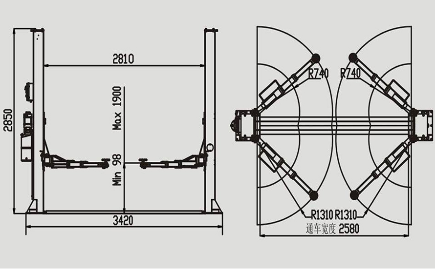 雙柱舉升機安裝尺寸圖